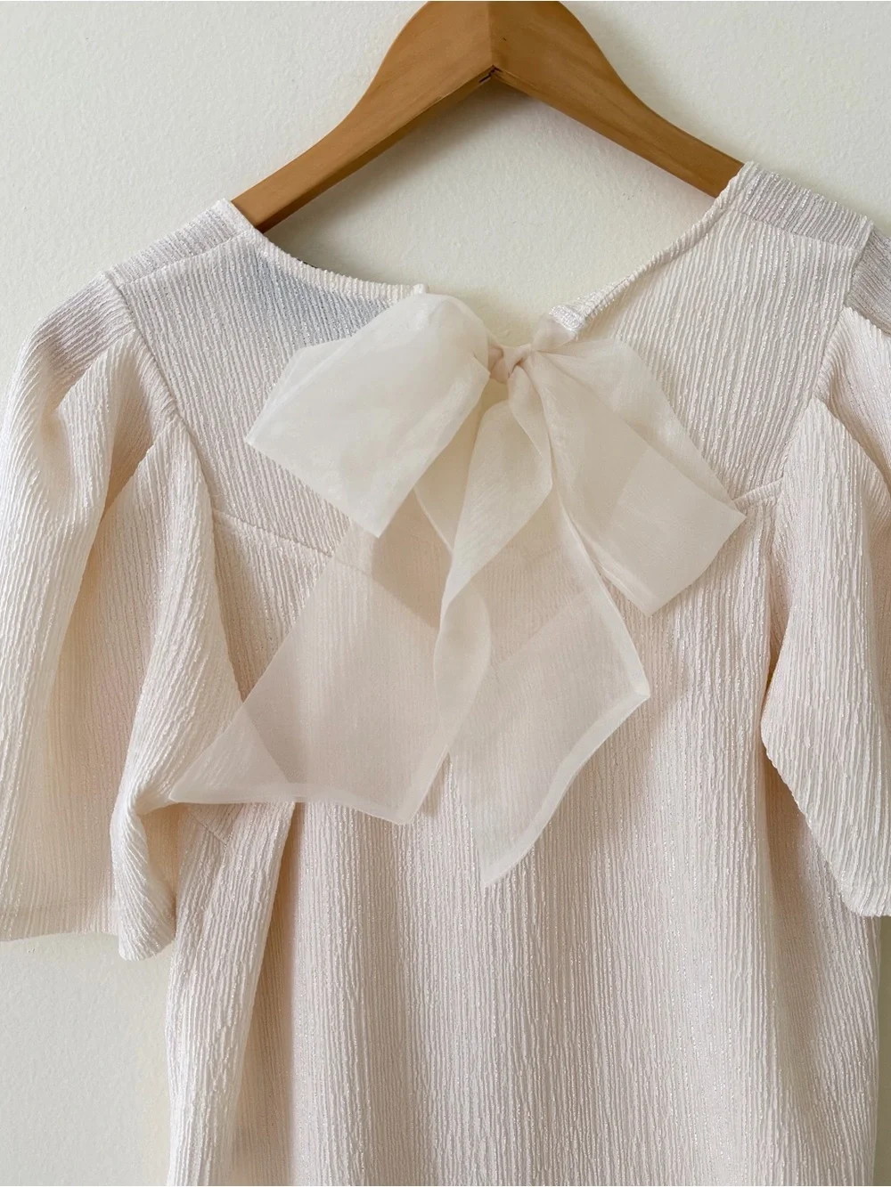 Like New Anthropologie Cream Textured Square-Neck Puff Sleeve Top